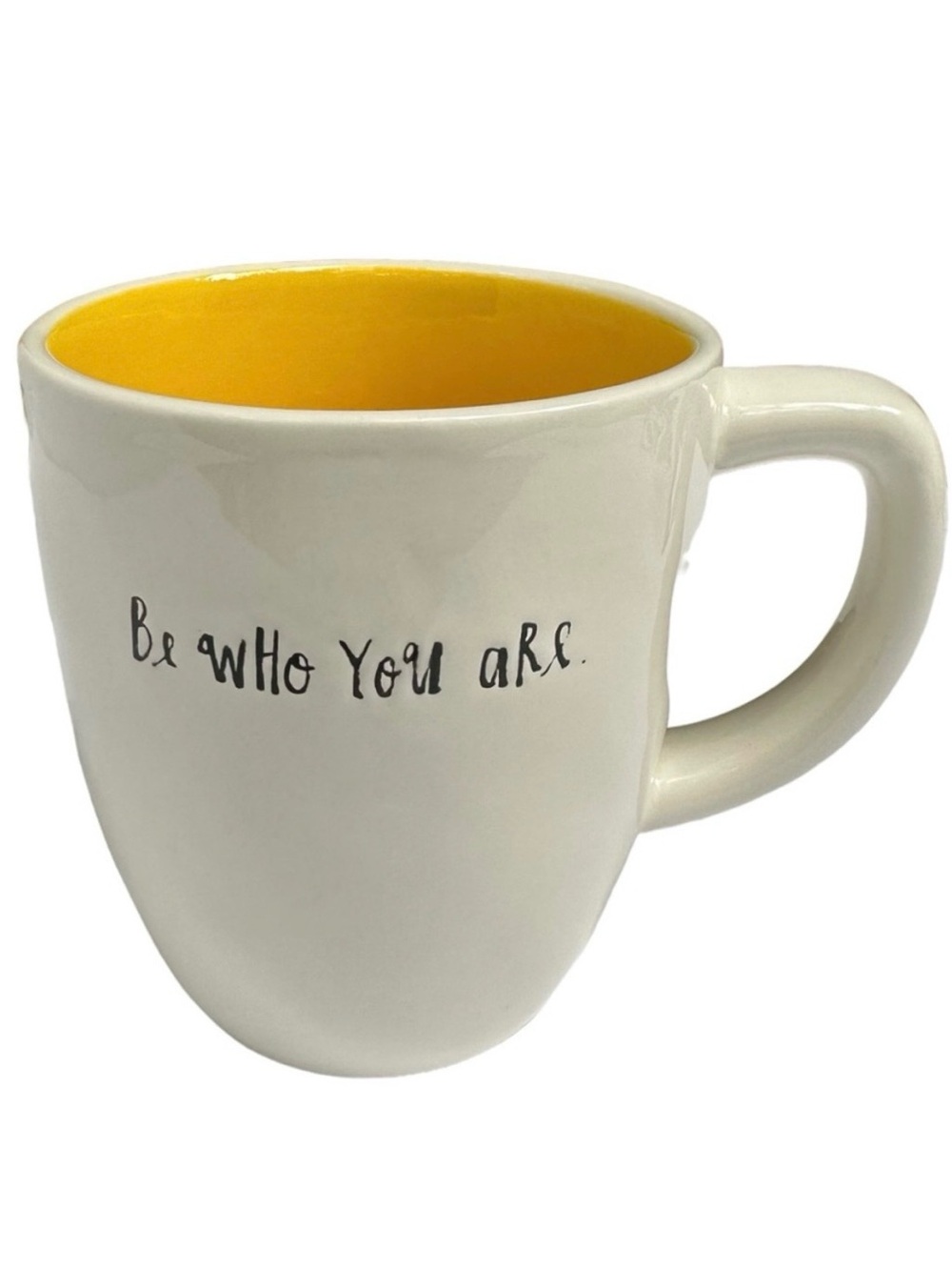Rae Dunn Be WHo YoU aRe Mug Coffee Tea White with Yellow Interior Dimples 2017